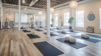 Spacious and stylish boutique fitness studio with personal training amenities and tranquil design elements
