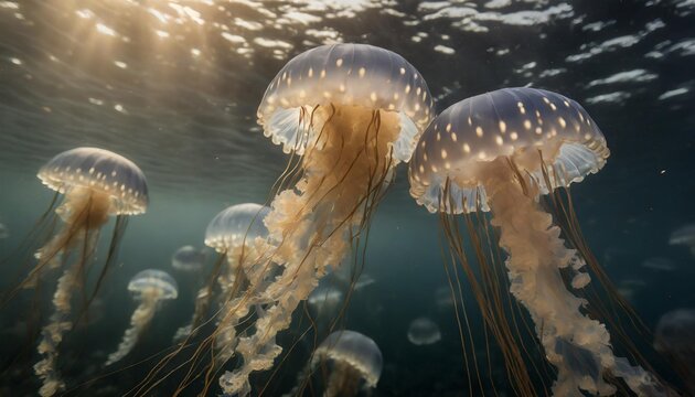 swarm of spotted blue jellyfish their tentacles trailing drifts in the serene dark ocean depths