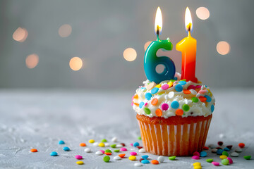 Birthday cupcake with number sixty-one candle