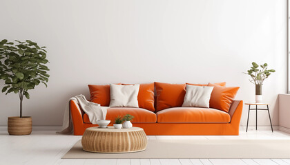 Bright living room interior with orange sofa coffee table potted plants and white walls 3d rendering