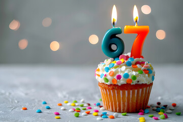 Birthday cupcake with number sixty-seven candle