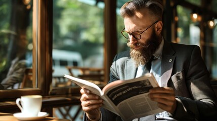 Focused business owner reading a newspaper with a coffee in a cozy cafe setting