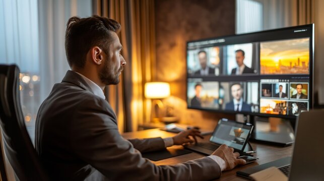 Professional at a desk conducts a virtual meeting with remote colleagues on a multi-screen setup during sunset
