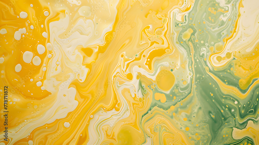 Poster lemon and vanilla swirls of liquid paint creating an abstract background with lemon