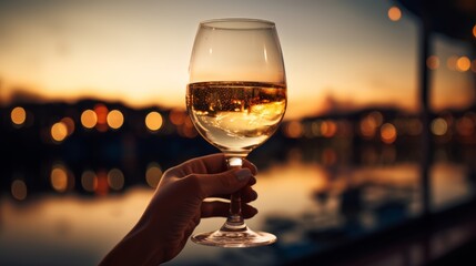 Hand holding glass of sparkling wine in the beauty of evening Enjoying a glass of wine