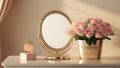 realistic 3d render for kbeauty products display backdrop blank empty space on ivory beige elegance dressing table with round mirror beautiful pink roses in luxury bucket bouquet jewelry box