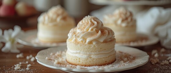 a close up of a plate of cupcakes with frosting on top of them on a wooden table.