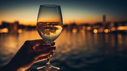 Hand holding glass of sparkling wine in the beauty of evening Enjoying a glass of wine - obrazy, fototapety, plakaty