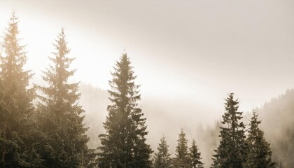 Fototapeta na wymiar the dramatic wall fir tree forest against the gray sky in the fog for creative background