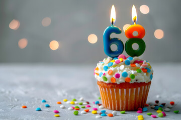 Birthday cupcake with number sixty-eight candle