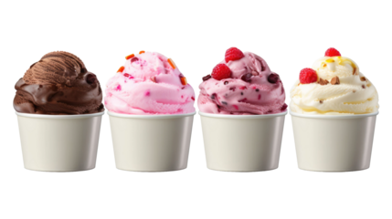 Ice cream scoop on white blank empty paper cup bowl on transparent background. Many assorted different flavour Mockup template for artwork design