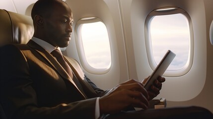 Focused businessman sits by the airplane window, using his tablet against a backdrop of a sunset sky