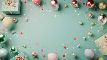 Photo of birthday party background with gifts, balloons and confetti on a peach table top view. Web banner with space for text 