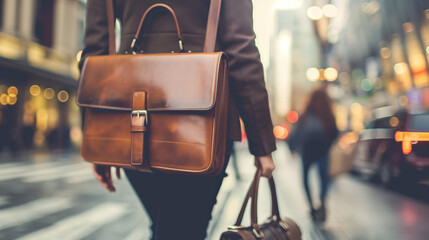 Close-up photo of a businessman walking with a leather briefcase in a busy urban setting
