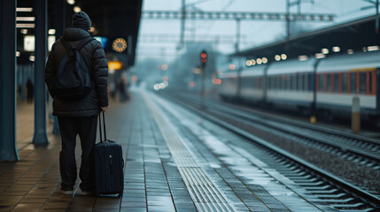 Solitary businessman stands with luggage on a train platform, quietly waiting as evening sets in - obrazy, fototapety, plakaty