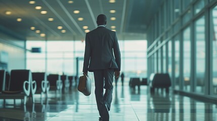 Silhouette of a businessman with a briefcase walking through a modern airport corridor, with...