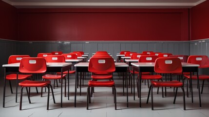 Red desks with chairs in classroom Front view background Back to school