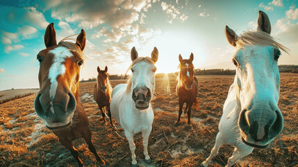 A beautiful herd of horses stands gracefully on a lush grassy field, enjoying the freedom of open space - obrazy, fototapety, plakaty