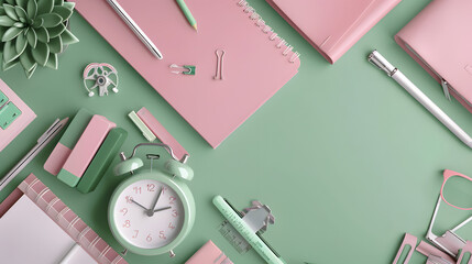 Sage green school supplies on a dusty rose background with copy space for text. An aerial photo of stationery - obrazy, fototapety, plakaty