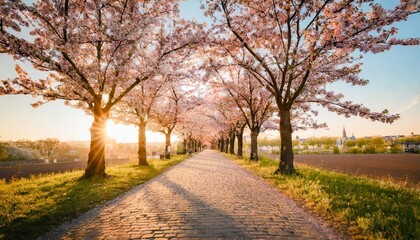 beautiful pink flowering cherry tree avenue in holzweg magdeburg saxony anhalt germany footpath under sunny arch of cherry blossoms - obrazy, fototapety, plakaty