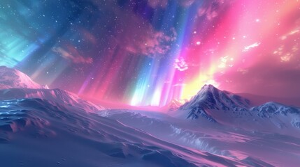 Vibrant Aurora Borealis Over Snowy Mountain Landscape
