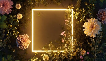 rectangular neon light shape above spring plants and flowers flat lay of minimal nature style concept 3d rendering