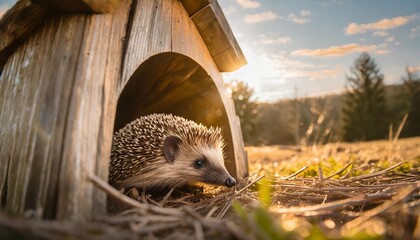 wild hedgehog peeking from wooden shelter in springtime - obrazy, fototapety, plakaty