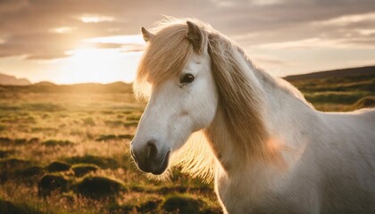 Obraz na płótnie Canvas white icelandic horse with the most beautiful mane as if it had just been styled