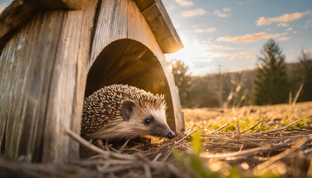 wild hedgehog peeking from wooden shelter in springtime