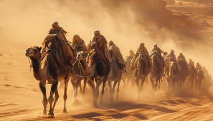 Camel Caravan, Traditional camel caravans trekking across the desert sands, evoking a sense of ancient trade routes and cultural heritage - Powered by Adobe