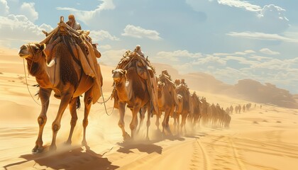 Camel Caravan, Traditional camel caravans trekking across the desert sands, evoking a sense of ancient trade routes and cultural heritage