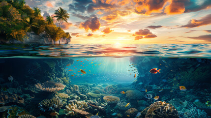 An underwater view of a vibrant coral reef teeming with marine life, set against a colorful sunset sky in the background