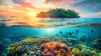 An underwater scene showing a vibrant coral reef with a distant tropical island visible in the background