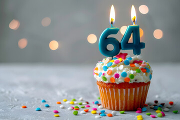 Birthday cupcake with number sixty-four candle