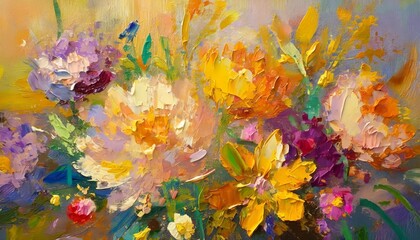 closeup of abstract rough colorful multicolored organic floral spring flowers art painting texture...