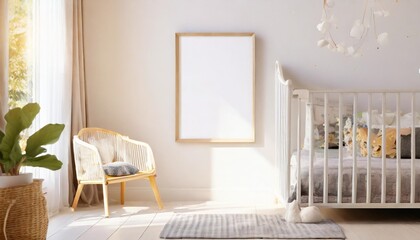 empty vertical picture frame on white wall in modern child room mock up interior in scandinavian...