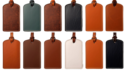 Luggage bag leather tag hanging label. Many assorted different range types isolated on transparent background
