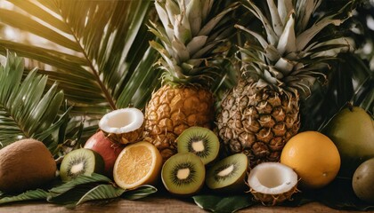vibrant and exotic tropical fruits and leaves banner stunning array of tropical fruits and foliage...