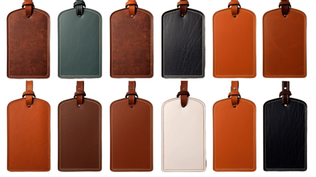 Luggage bag leather tag hanging label. Many assorted different range types isolated on transparent background