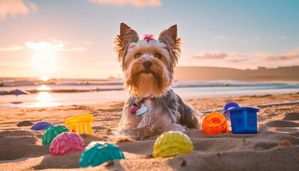 cute yorkshire playing in the beach with many toys generated with ai technology illustration - obrazy, fototapety, plakaty