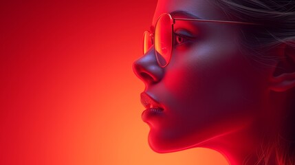 a close up of a person wearing glasses and a red background with the image of a woman's face.