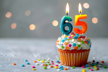 Birthday cupcake with number sixty-five candle