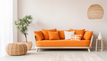 Bright orange couch in a minimalist living room with a potted plant and a wicker lampshade