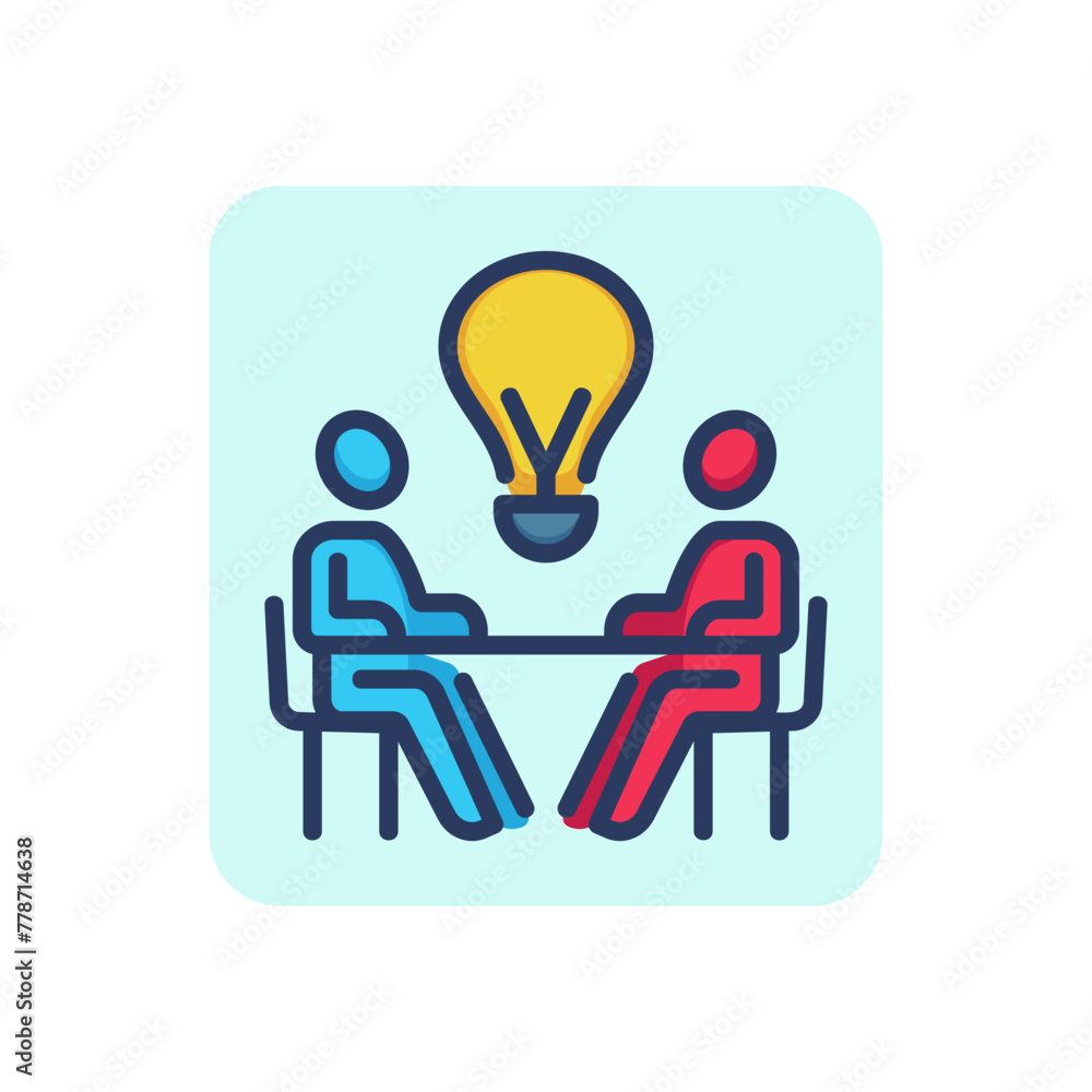 Poster two workers and bulb thin line icon. idea, discussion, brainstorm outline sign. business communicati
