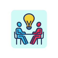 Two workers and bulb thin line icon. Idea, discussion, brainstorm outline sign. Business communication concept. Vector illustration for web design and apps