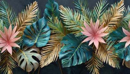 tropical leaves in green blue pink bright color seamless border luxury wallpaper premium mural floral pattern on dark background hand drawn 3d illustration modern stylish design beautiful art - Powered by Adobe