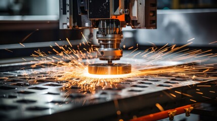  Sparks fly as a CNC milling machine shapes a metal plate in a factory setting