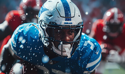 Dynamic image of an American football player making a run during a competitive game with teammates in background