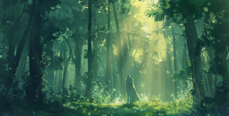 Enchanted forest illuminated by sunlight with a mythical wolf protagonist in an anime style - obrazy, fototapety, plakaty