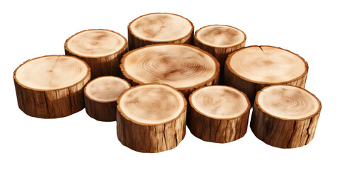 Round wooden tree slice trunk stump wood on transparent background. Many assorted different Mockup...